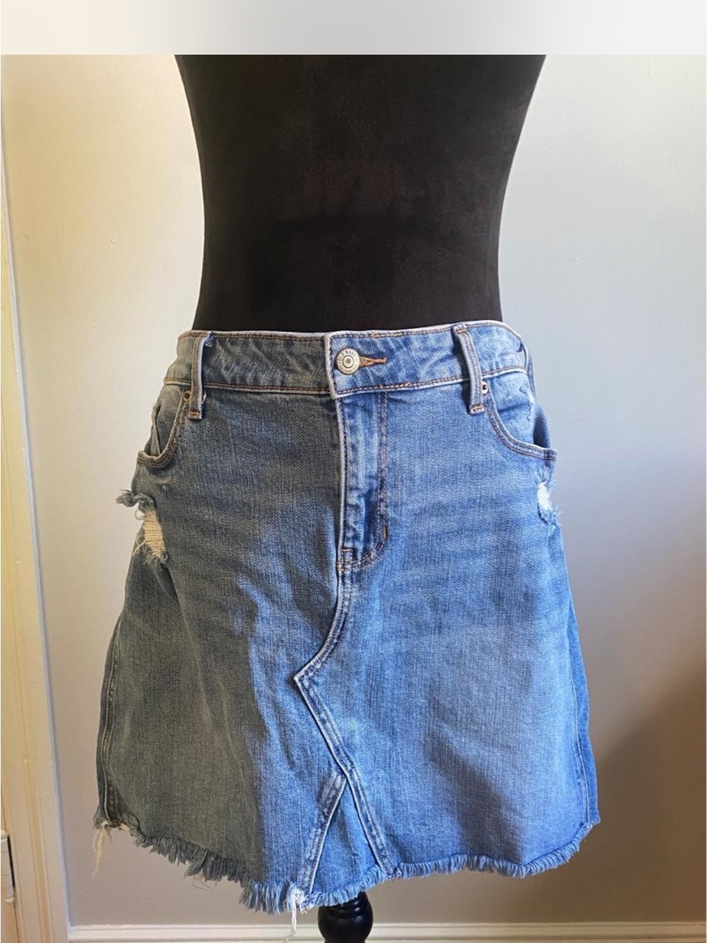 Denim Distressed Mini Skirt - Blue